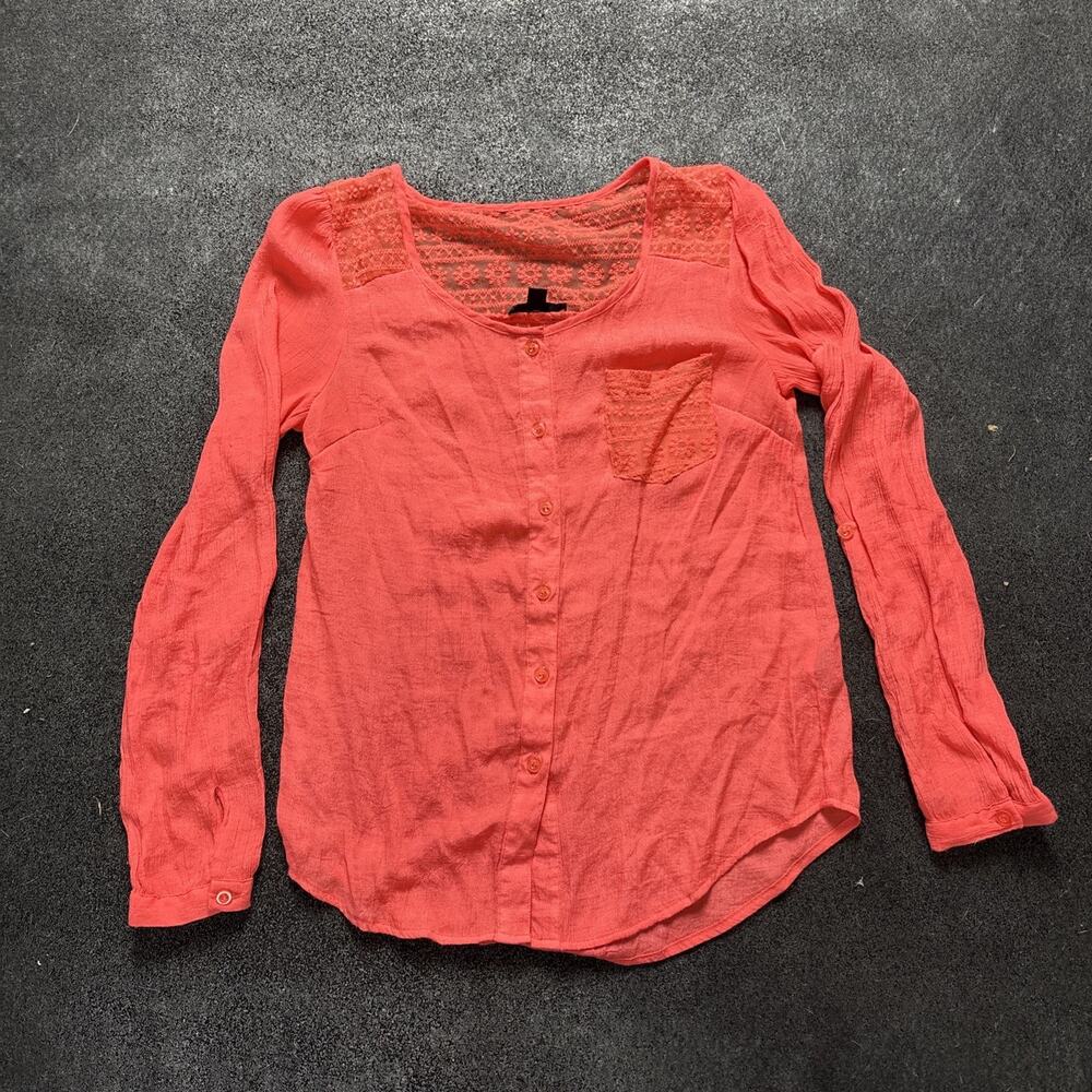 E2M Women’s Small Coral Lace Button Front Blouse Boho Sheer Back Long Sleeve Top
